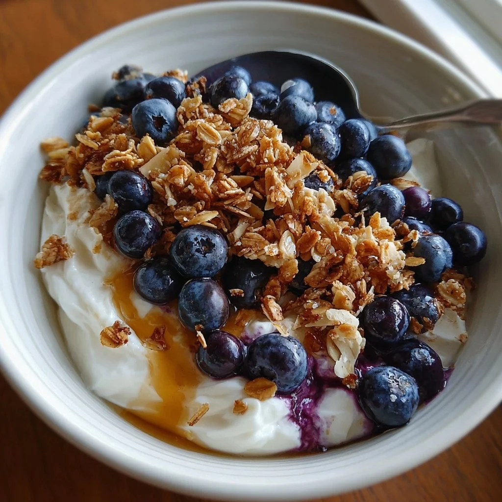 Delicious Blueberry Yogurt and Granola Bowl topped with fresh blueberries