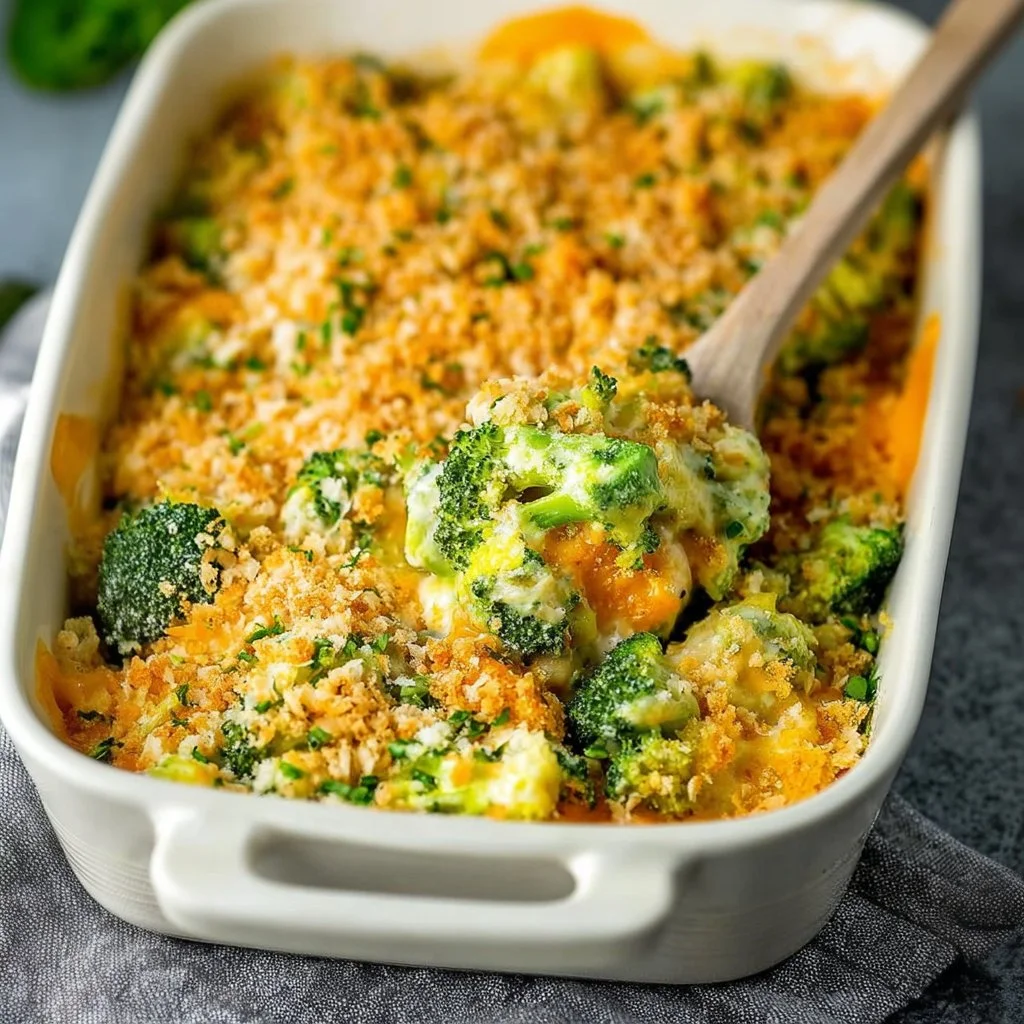Delicious and creamy broccoli casserole served in a baking dish