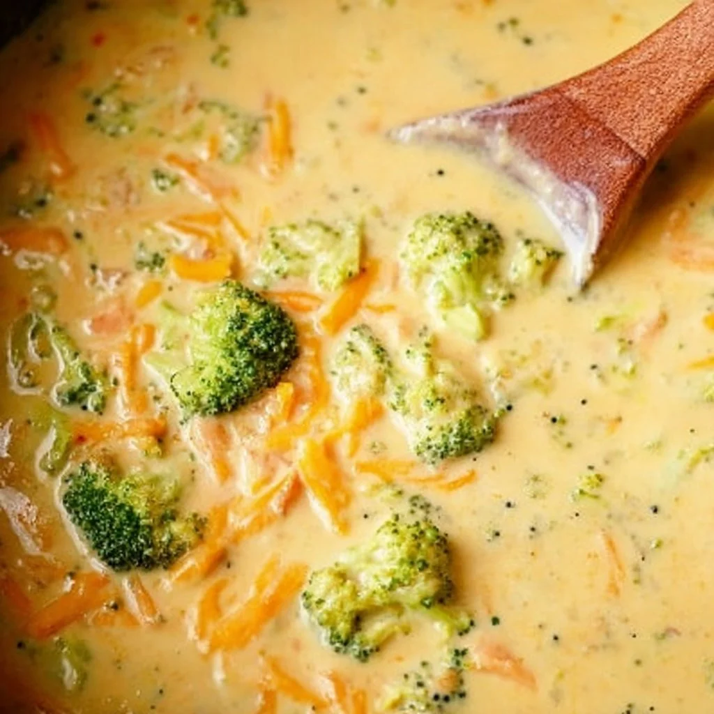 Bowl of creamy dairy-free broccoli cheddar soup topped with fresh herbs.