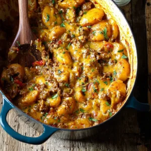 Cheesy one pot beef and potatoes dish garnished with herbs in a skillet
