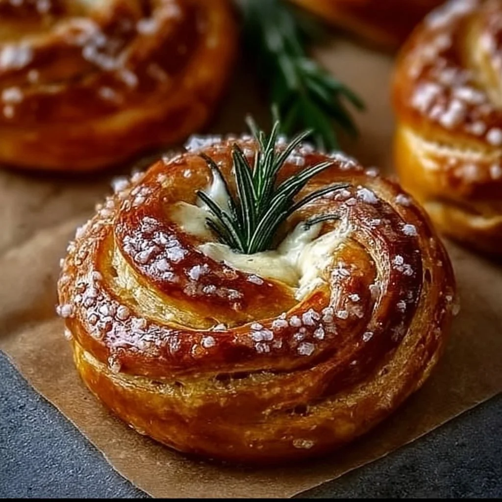 Cheesy rosemary pretzels served on a wooden platter with herbs garnish
