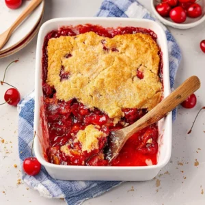 Delicious cherry cobbler made with cake mix, topped with a golden crust.