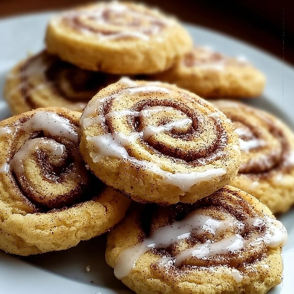 Freshly baked cinnamon roll cookies with icing on top