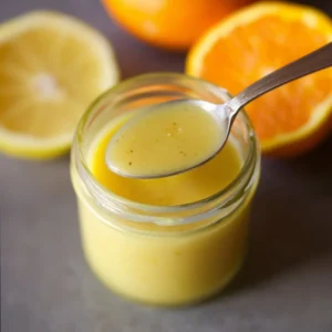 Fresh citrus salad dressing drizzled over a colorful salad with fruits and greens.