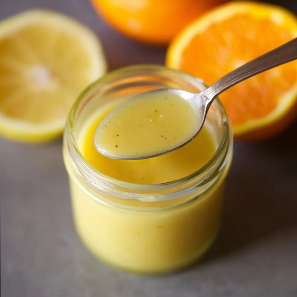 Fresh citrus salad dressing drizzled over a colorful salad with fruits and greens.