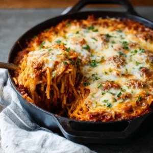 Delicious classic baked spaghetti served in a baking dish