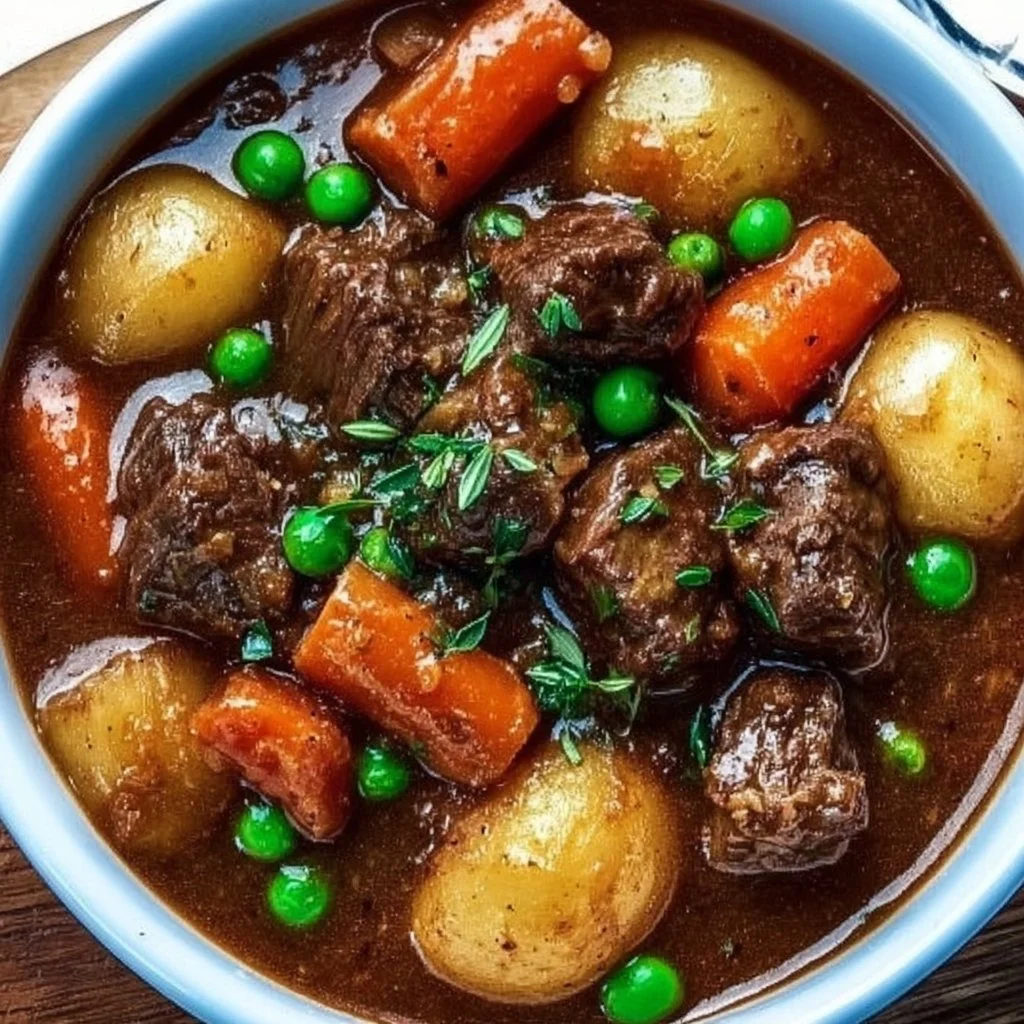 Delicious classic beef stew in a rustic bowl with vegetables and herbs.