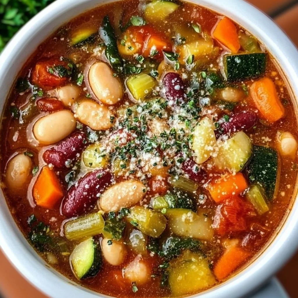 A bowl of classic minestrone soup filled with fresh vegetables and beans.