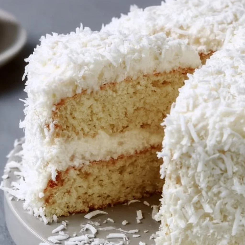 Delicious homemade Coconut Cake topped with shredded coconut and frosting