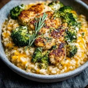 Creamy broccoli cheddar chicken rice served in a bowl, garnished with herbs.