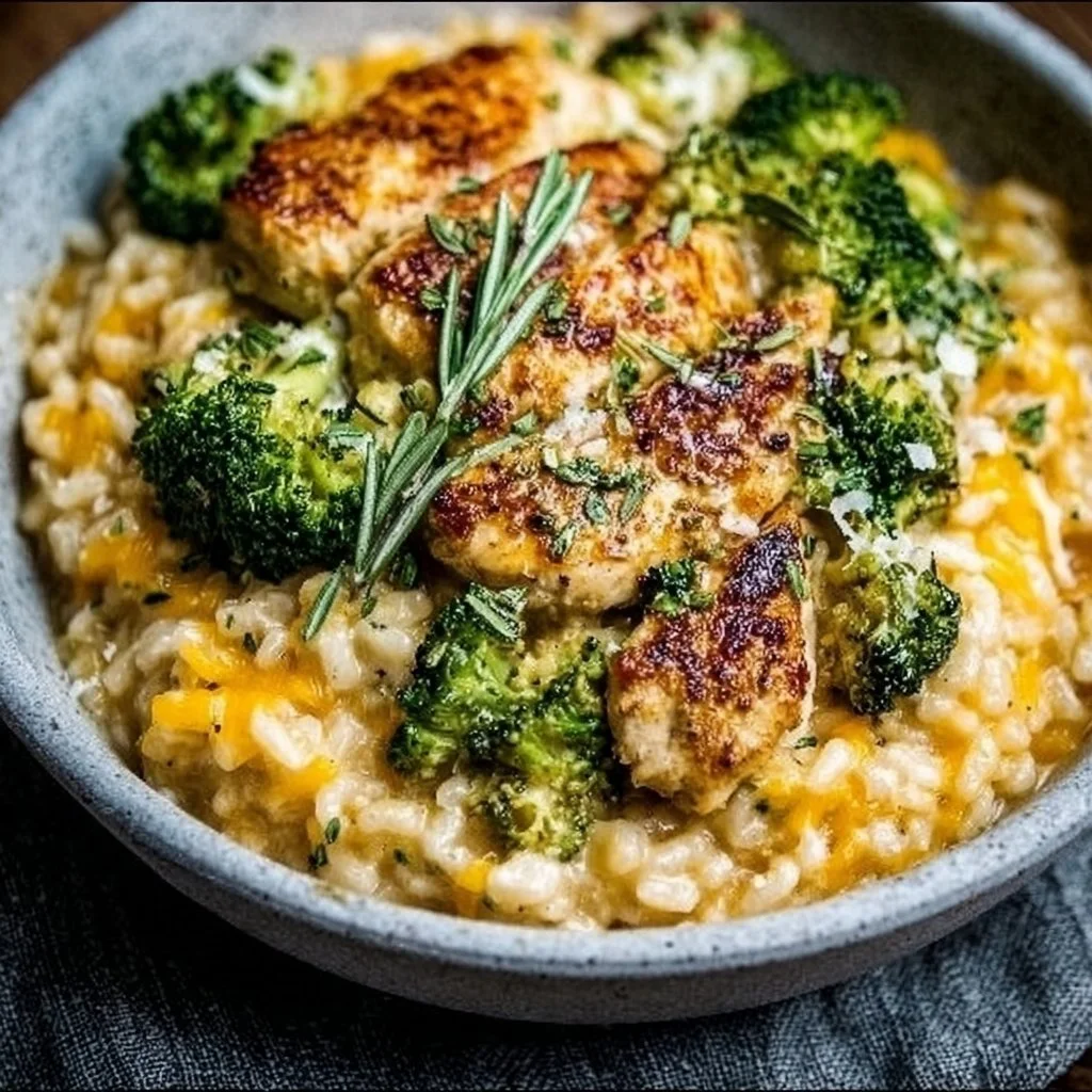 Creamy broccoli cheddar chicken rice served in a bowl, garnished with herbs.
