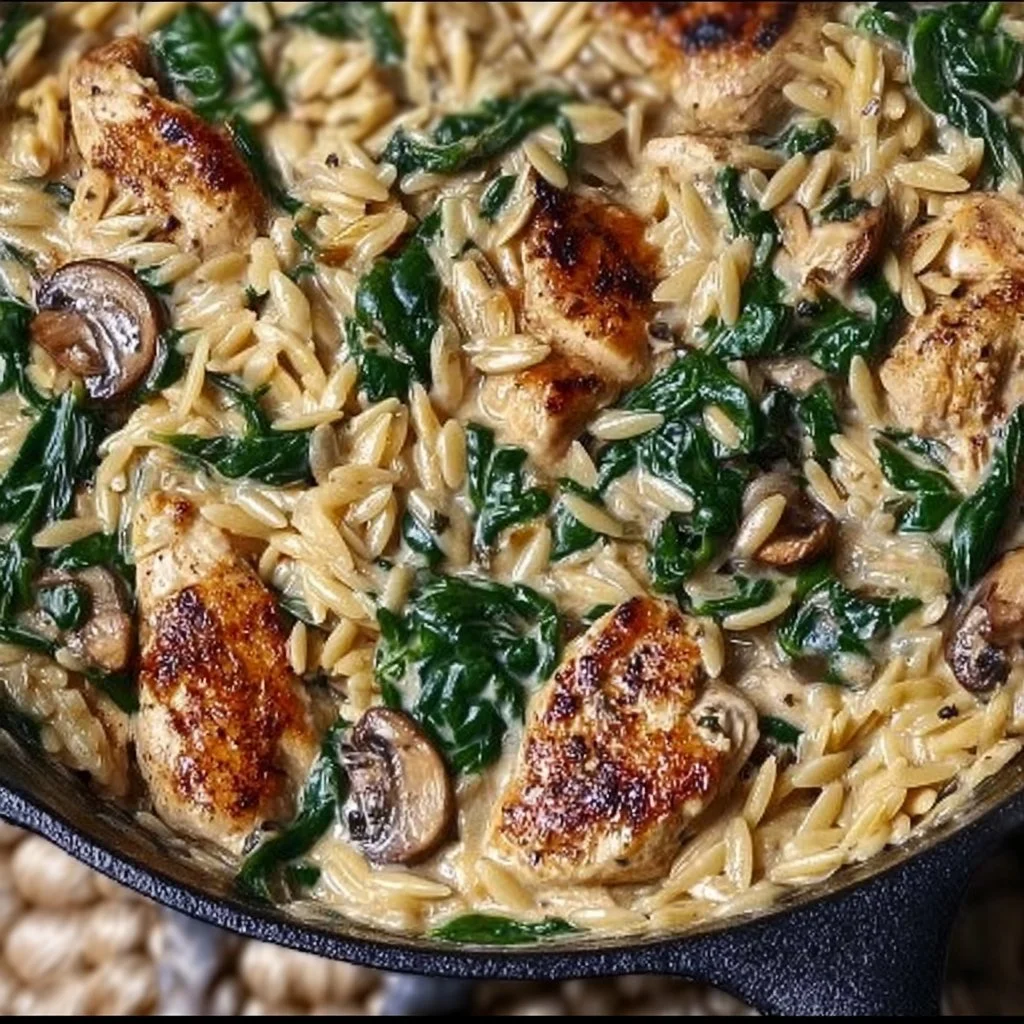 Creamy Chicken Orzo dish with spinach in a bowl