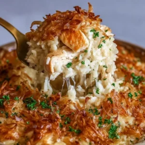 Creamy French onion chicken casserole with rice and melted cheese