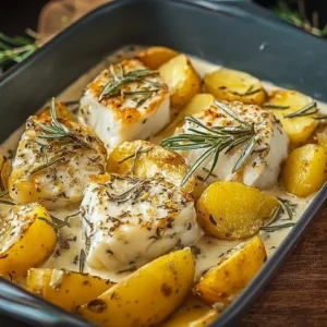 Plate of creamy rosemary cod served with potatoes