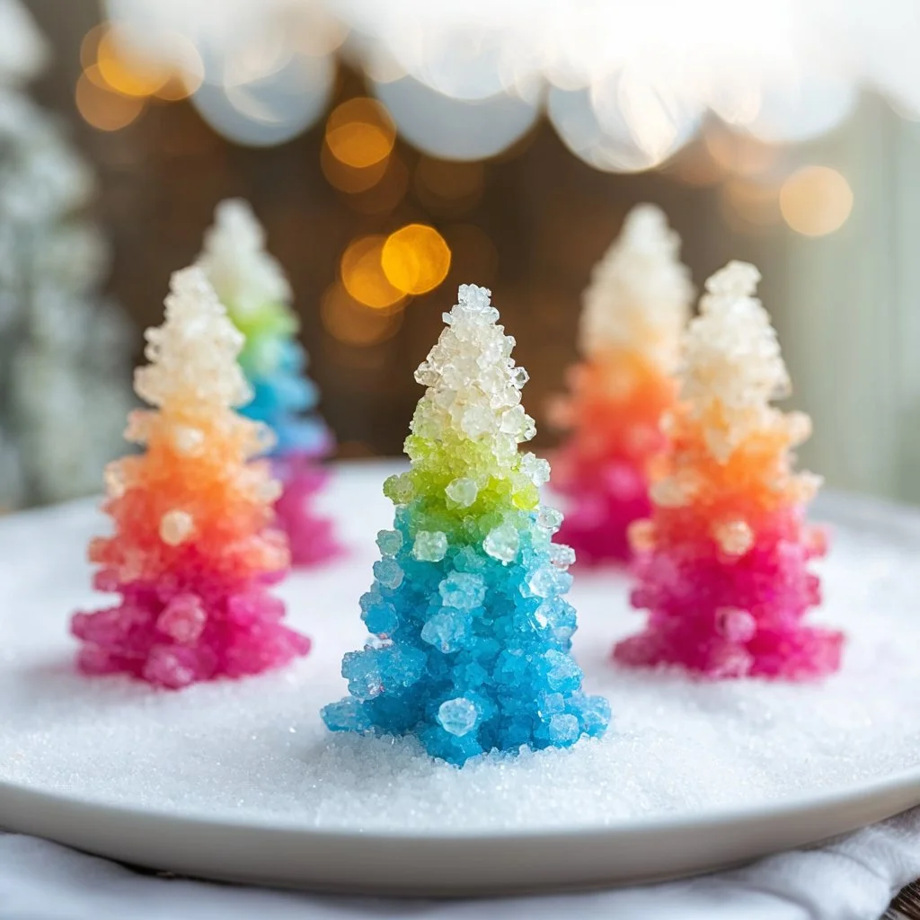 Colorful baking soda crystal trees made during a fun science project with kids