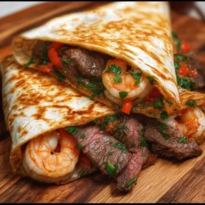Delicious Creole Steak and Shrimp Quesadillas served on a plate