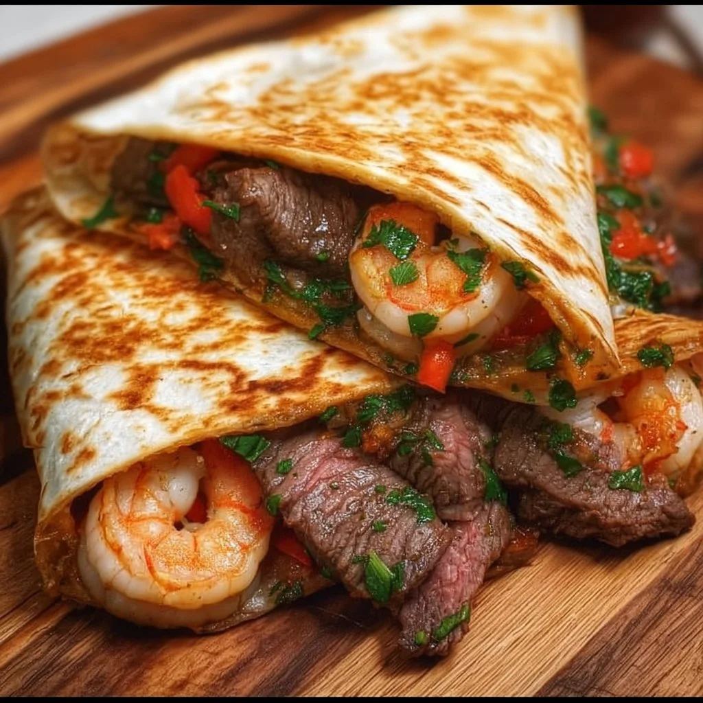 Delicious Creole Steak and Shrimp Quesadillas served on a plate