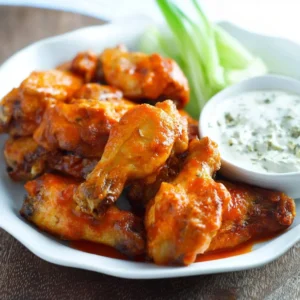 Crispy baked buffalo hot wings garnished with celery and ranch dipping sauce.