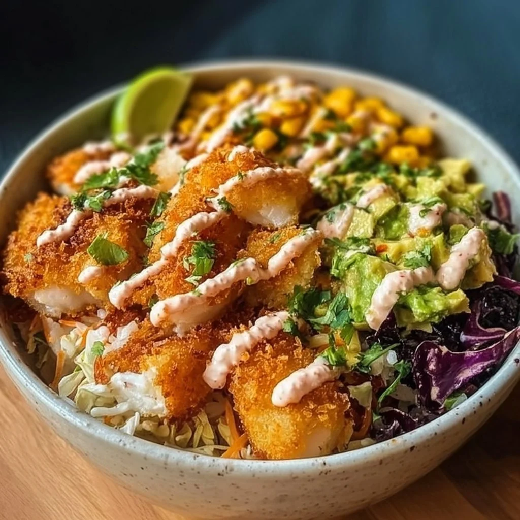 Crispy fish taco bowls with fresh toppings and vibrant colors