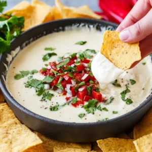 Creamy white cheese dip served in a bowl with tortilla chips