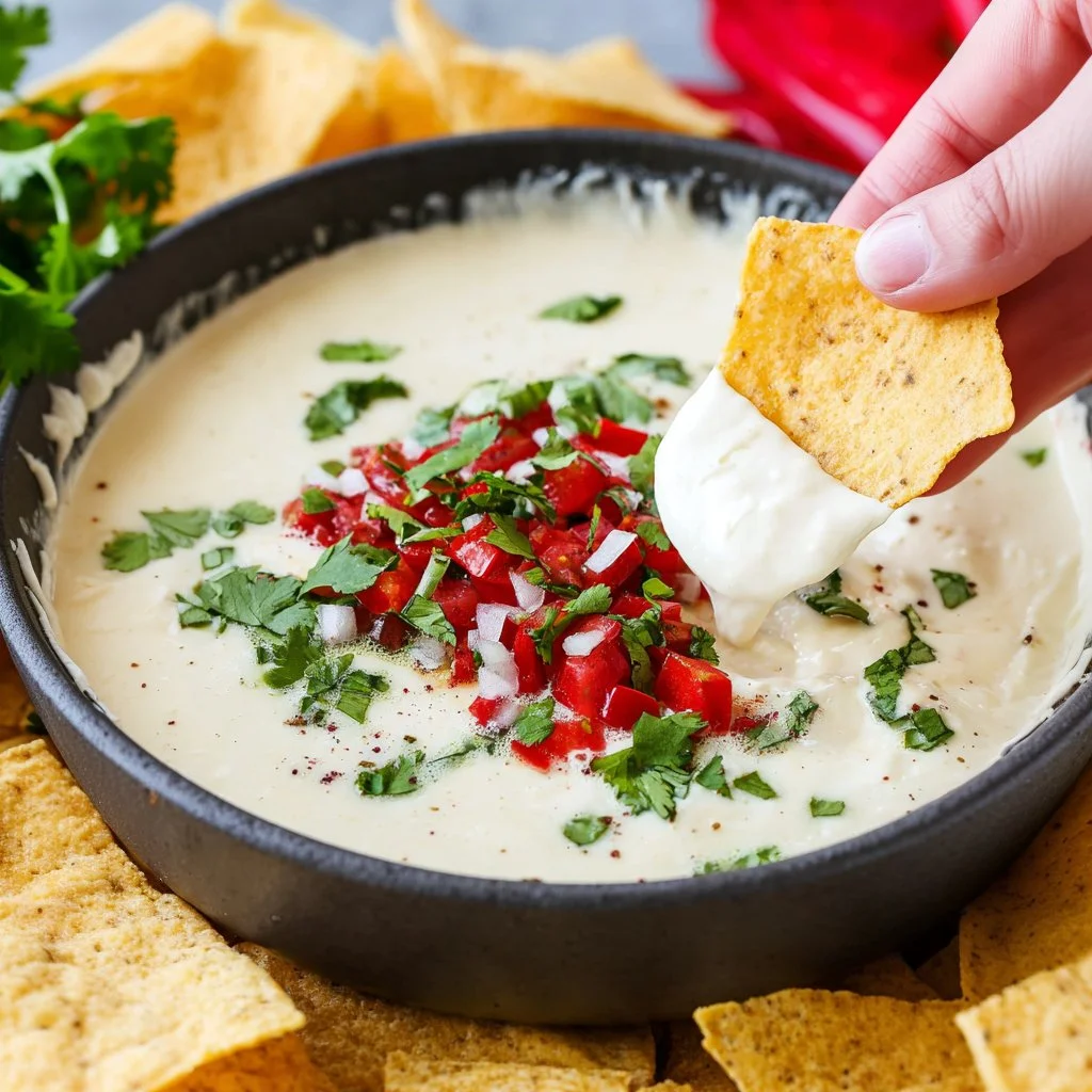 Creamy white cheese dip served in a bowl with tortilla chips