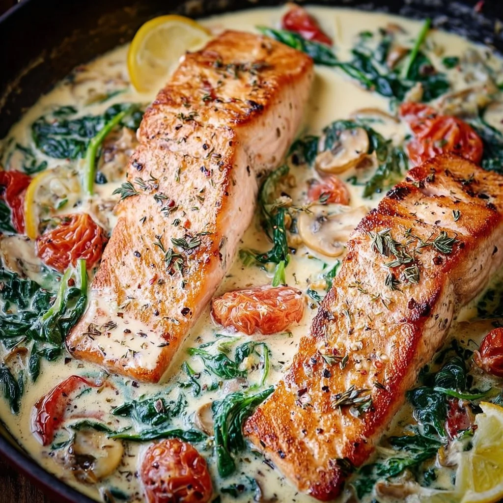 Creamy Tuscan salmon dish served on a plate with fresh herbs