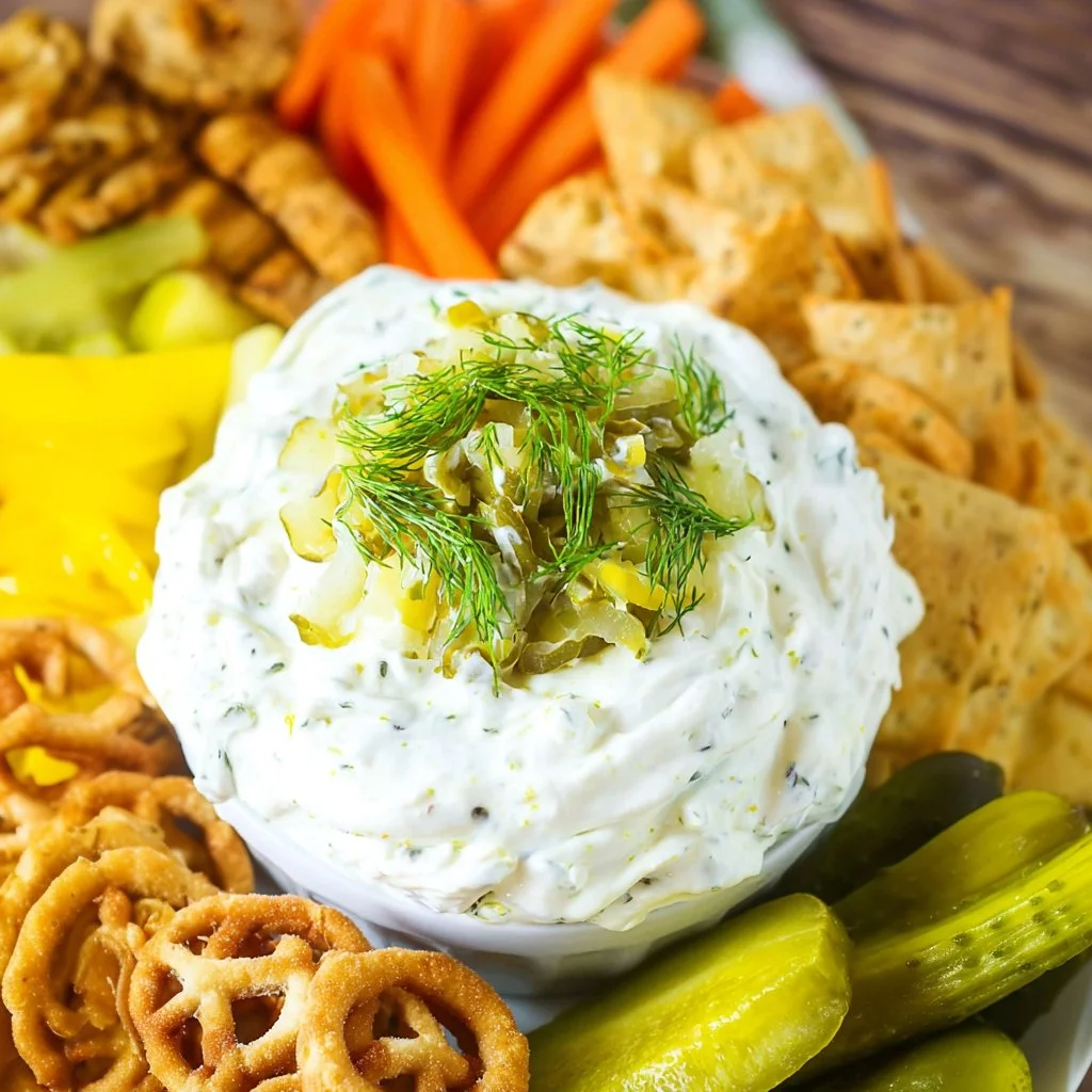 Creamy dill pickle dip served in a bowl with crackers on the side