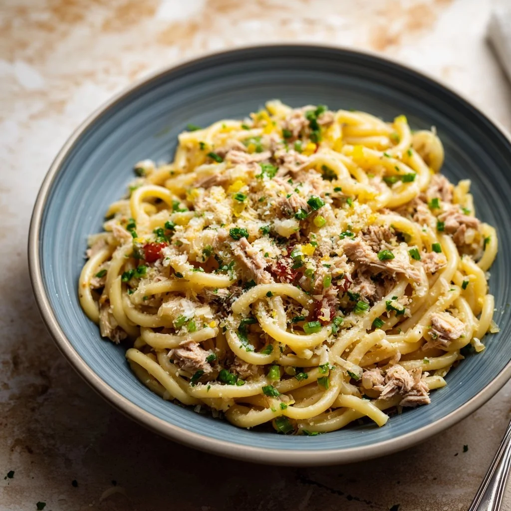 Delicious easy canned tuna pasta dish served in a bowl