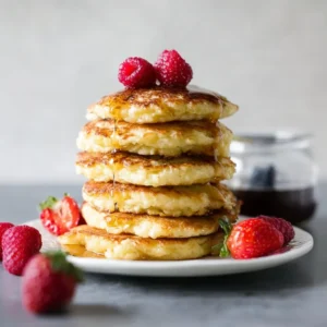 Fluffy cottage cheese pancakes stacked with syrup and berries