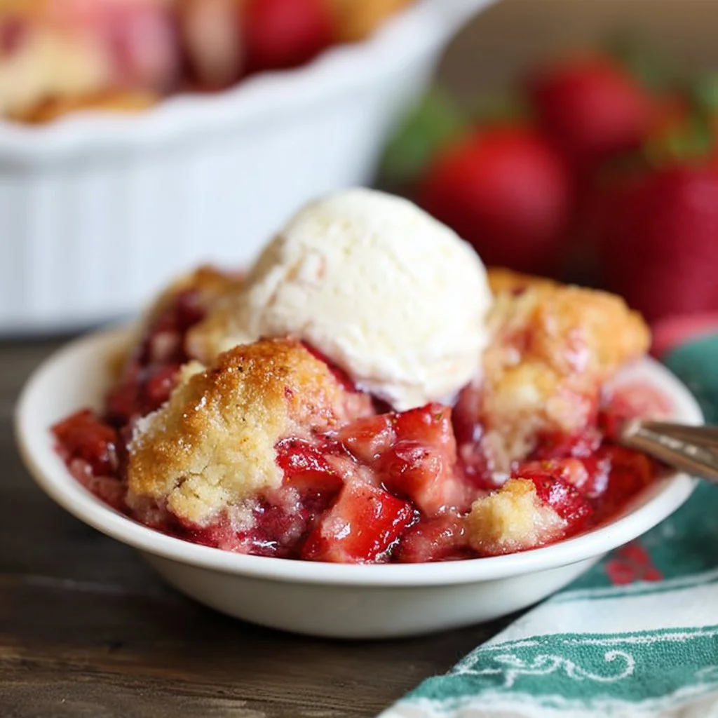 Delicious fresh strawberry cobbler served in a rustic dish