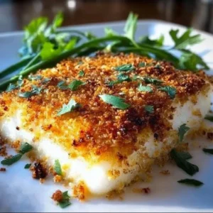 Garlic Parmesan crusted halibut fillet garnished with fresh herbs