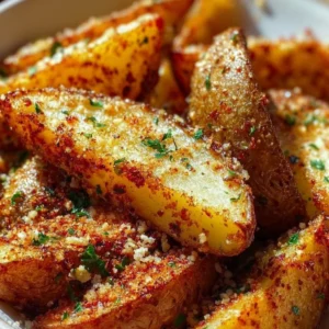 Crispy Garlic Parmesan Potato Wedges served with a dipping sauce
