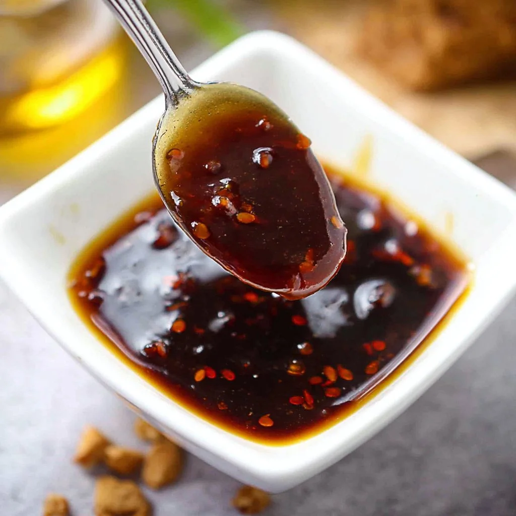 Homemade General Tso sauce in a bowl with ingredients