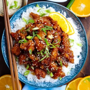 Ginger Crispy Sesame Chicken served with garnishes on a plate