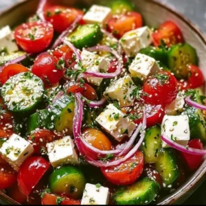Greek cucumber tomato feta salad with fresh vegetables and feta cheese