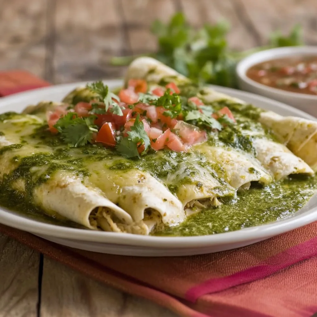 Delicious Green Chicken Enchilada topped with creamy sauce and fresh ingredients