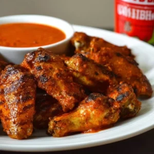 Grilled chicken wings coated in seasoned buffalo sauce ready to serve.