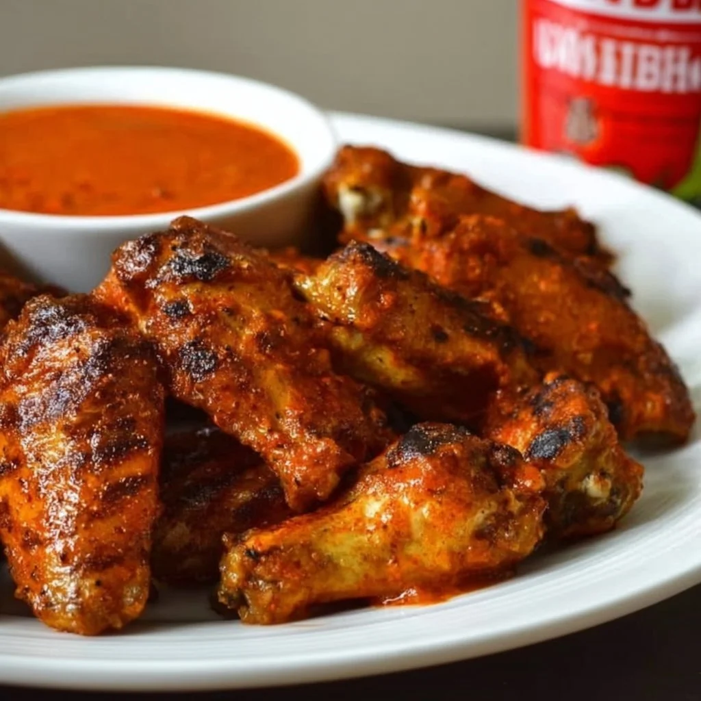 Grilled chicken wings coated in seasoned buffalo sauce ready to serve.