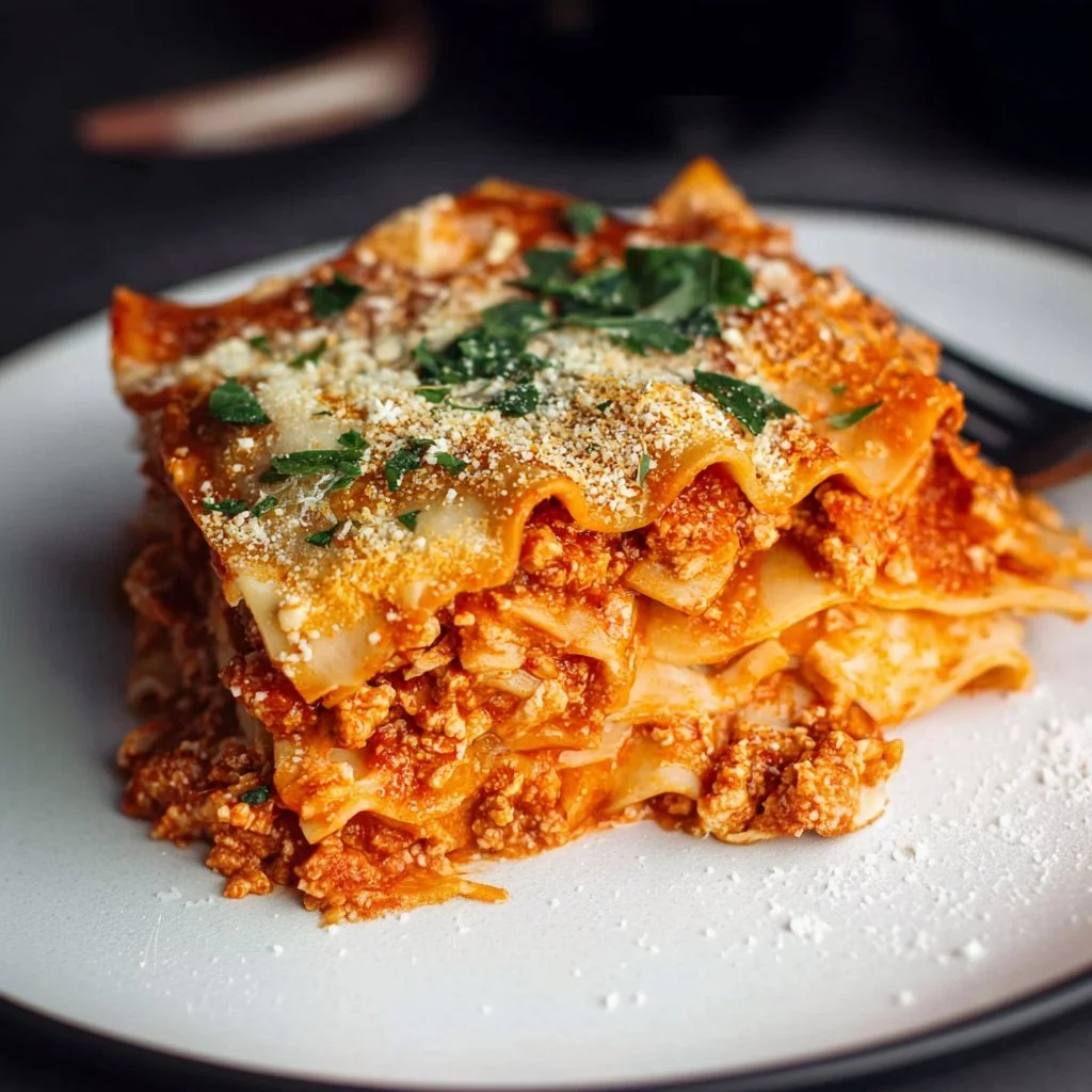 Healthy ground chicken lasagna served in a dish with fresh herbs on top