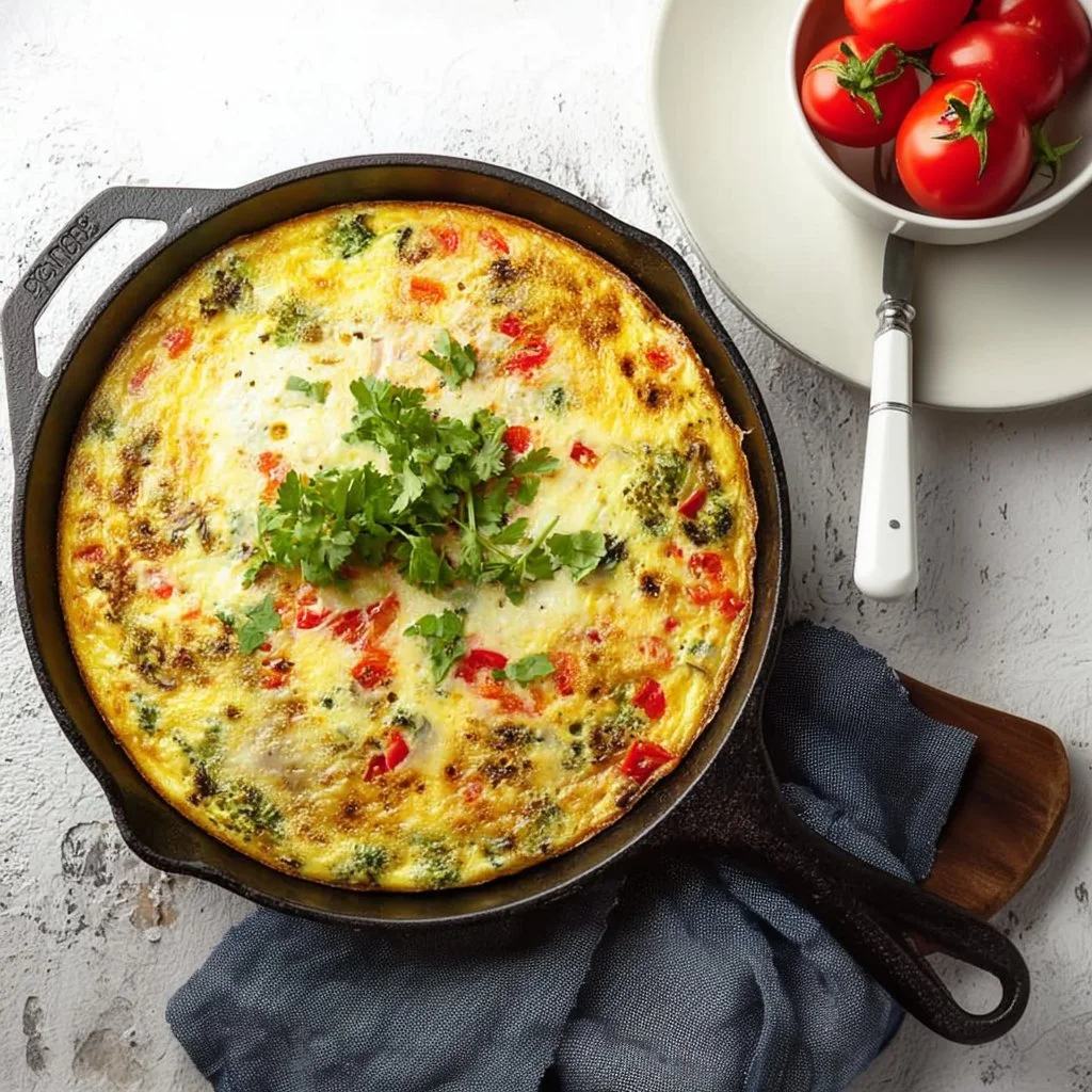 Delicious vegetable frittata topped with fresh herbs and vibrant veggies