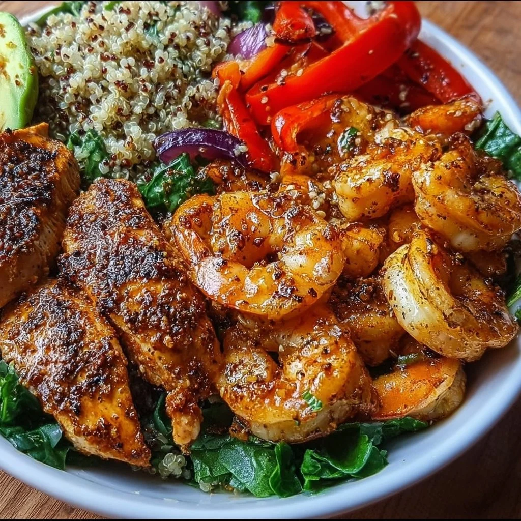 High-Protein Chicken and Shrimp Power Bowls recipe with fresh ingredients.