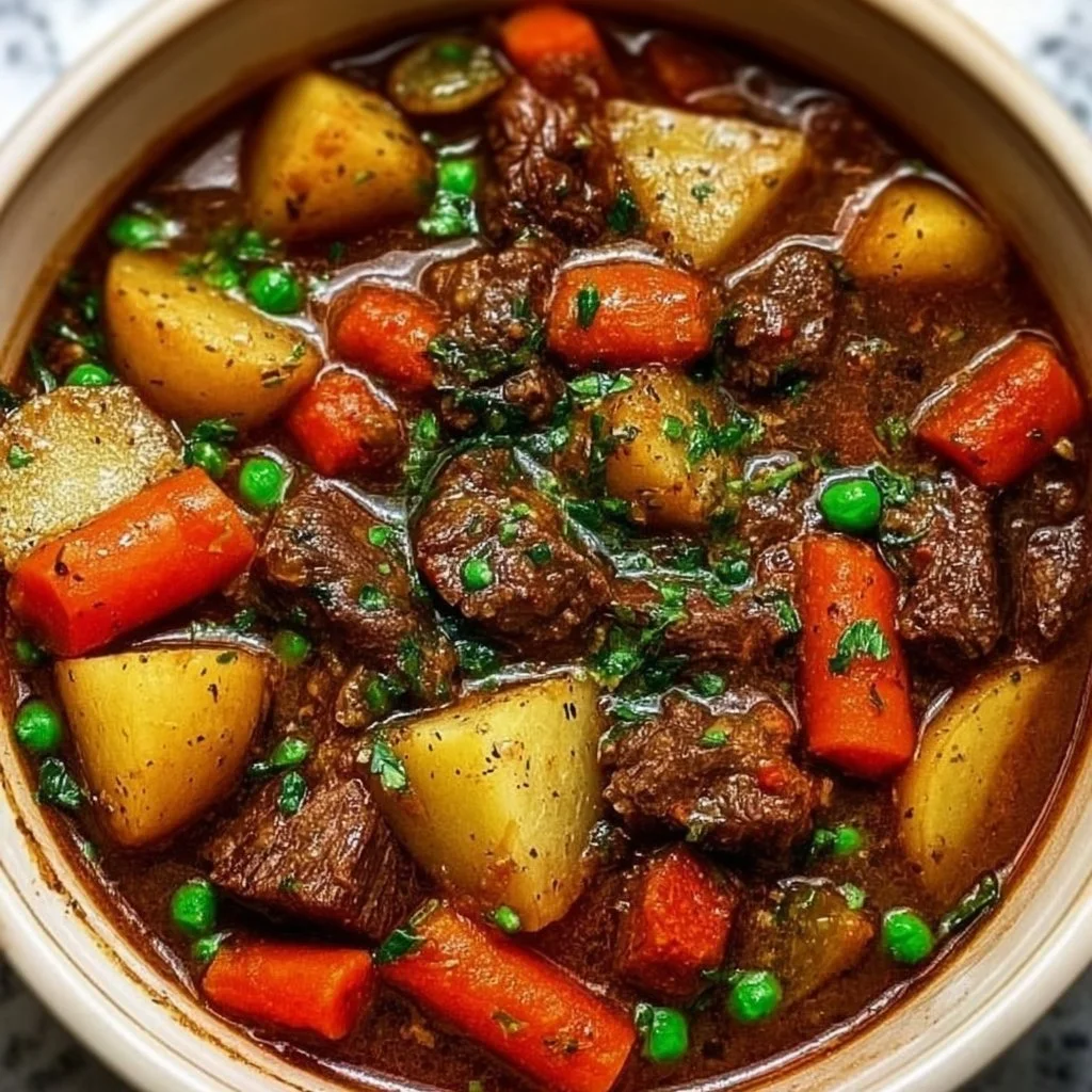 Delicious high-protein Dutch oven beef stew simmering in a pot.