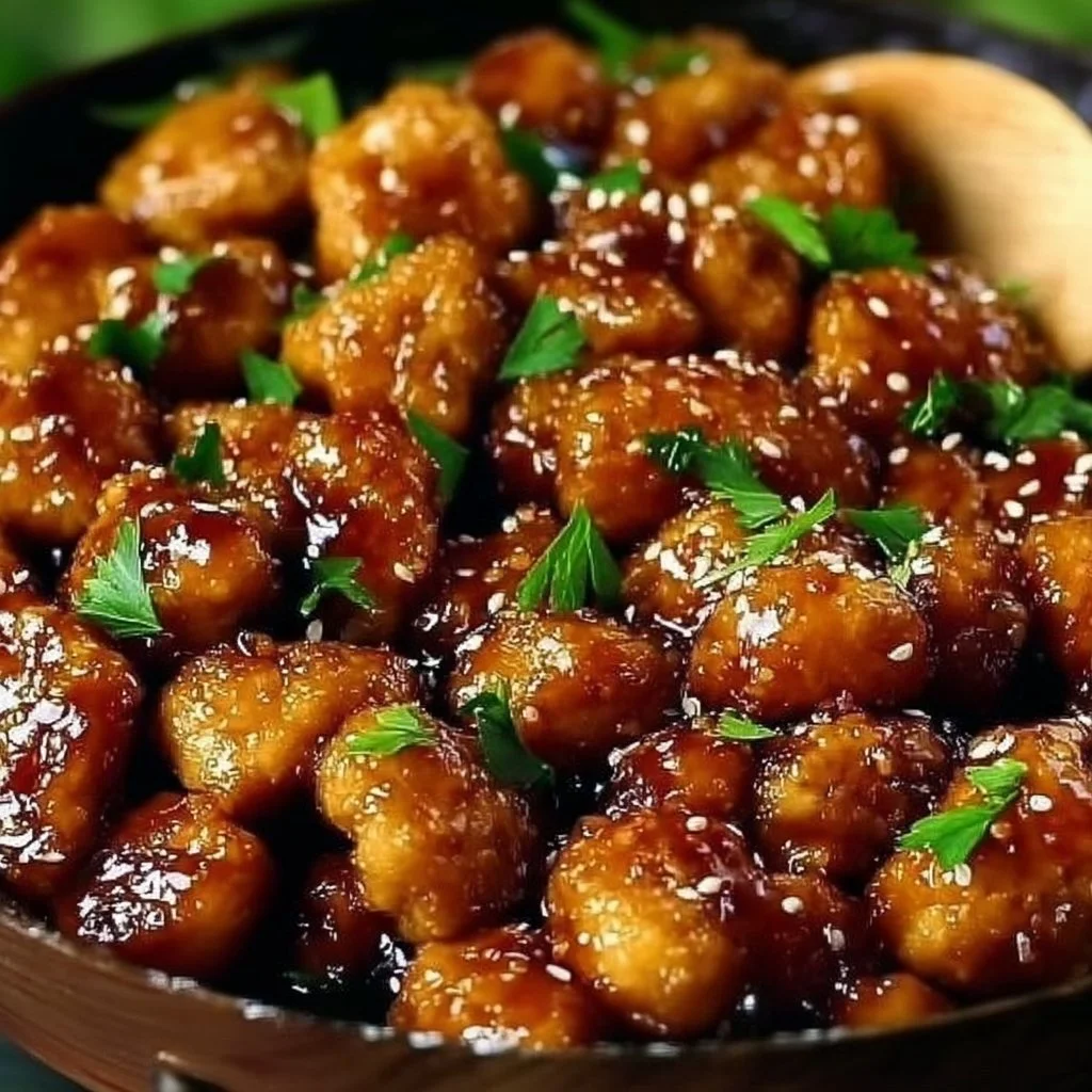 Delicious honey garlic chicken bites served on a platter