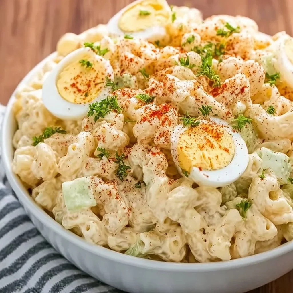 Bowl of deviled egg macaroni salad ready to impress at gatherings.