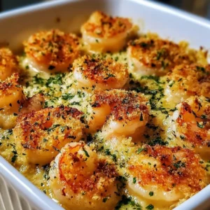 Plate of delicious garlic parmesan shrimp garnished with herbs and lemon