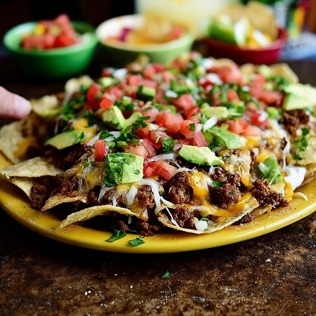 Delicious loaded nachos topped with cheese, jalapeños, and guacamole.