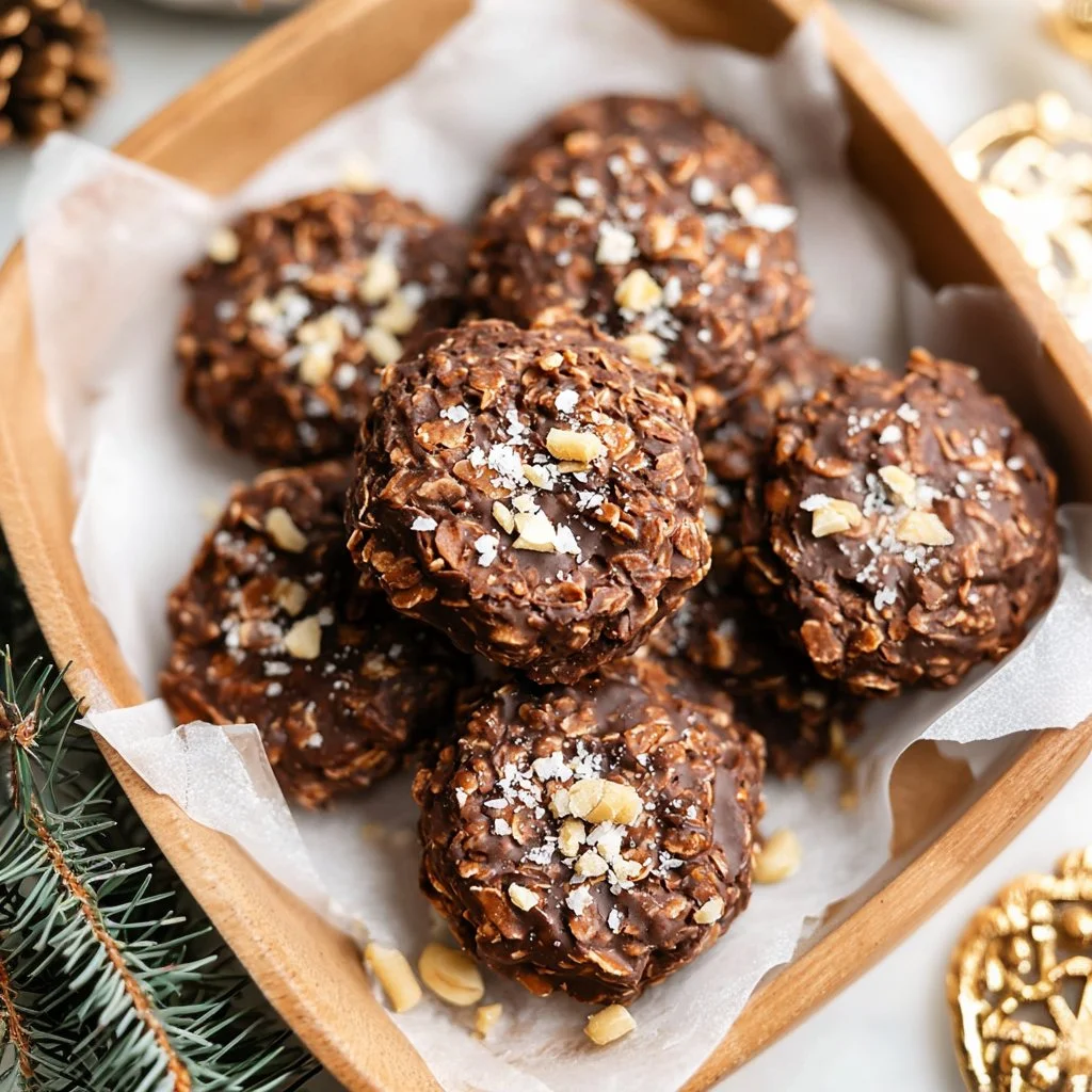 Delicious no bake cookie topped with chocolate and nuts on a plate