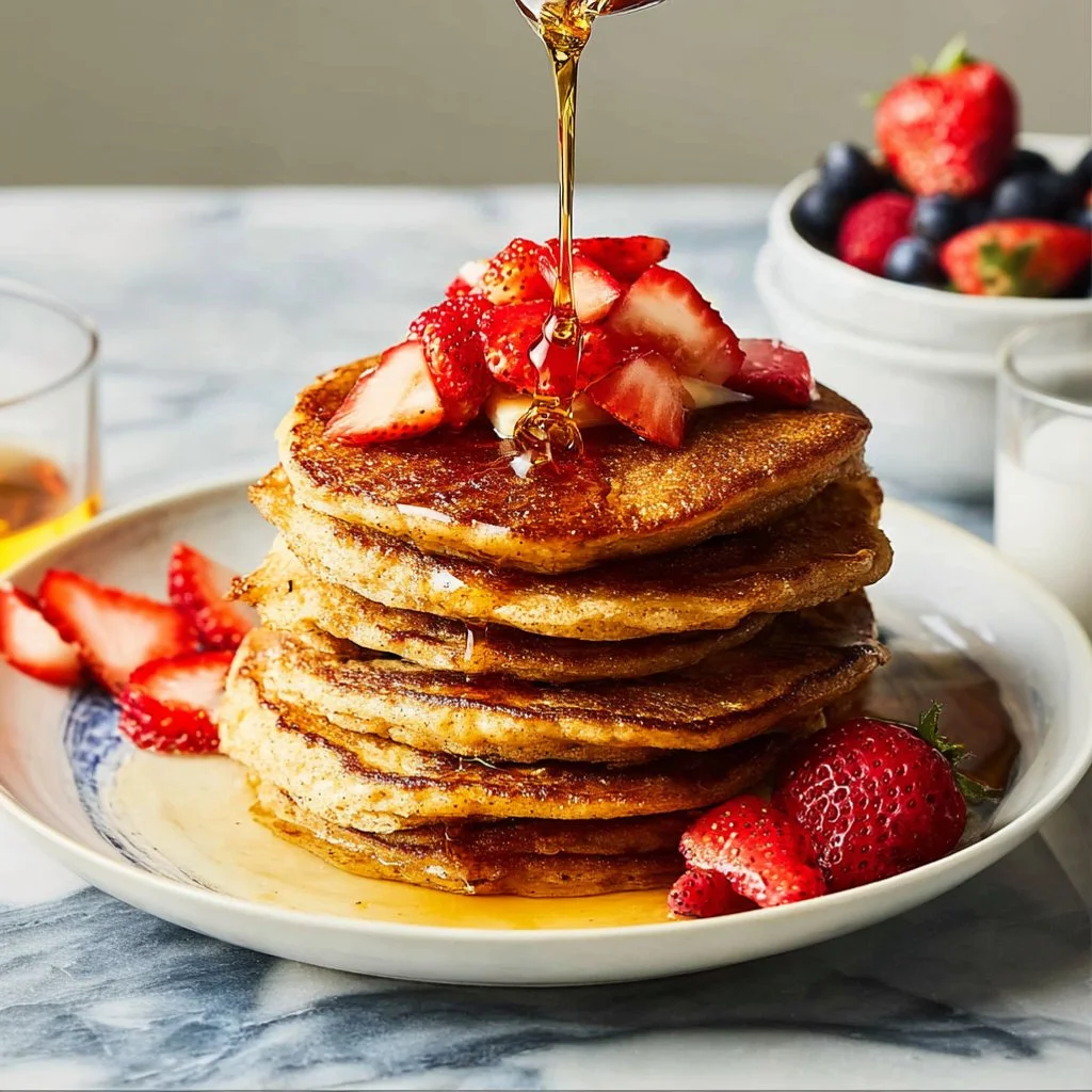 Fluffy oatmeal pancakes stacked on a plate with syrup and fresh fruit