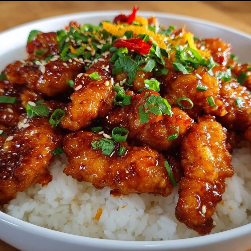 Delicious orange chicken dish with a creamy sauce served in a bowl