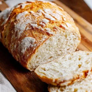 Freshly baked Peasant Bread loaf on wooden table.